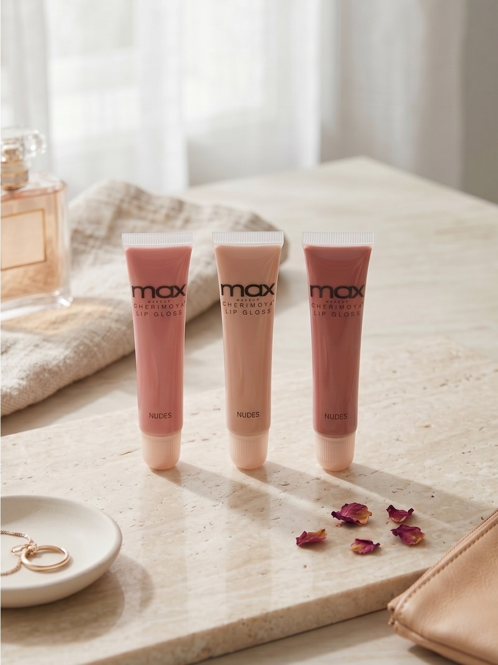 Max Makeup Cherimoya Nude Lip Gloss Trio - Pink, Beige & Mauve-Nude Shades
